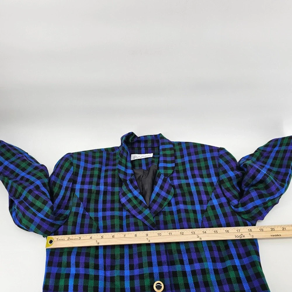 Tanner Skirt Suit 12 Blue Green Purple Plaid Vintage Blazer Skirt Made in USA
